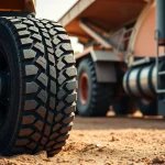 Double Coin RR99 tire showcased in an outdoor construction environment, emphasizing durability and performance.