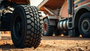 Double Coin RR99 tire showcased in an outdoor construction environment, emphasizing durability and performance.