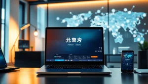 快连下载应用程序在现代数字化工作空间的笔记本电脑上展示，象征着先进的网络解决方案。