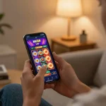 Engaging with the NK88 VIP app on a smartphone, showcasing a vibrant slot game in a cozy setting.