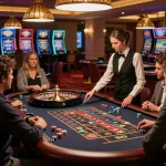 NK88 casino players eagerly betting at a roulette table illuminated by warm lighting, creating an inviting atmosphere.