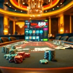 Players enjoying high-stakes action at a kim88 casino table filled with vibrant poker chips and cards.