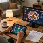 HB88 player enjoying live dealer casino experience with modern setup and strategic notes.