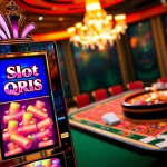 Experience exhilarating gameplay at Slot QRIS with vibrant casino machines and scenic tables.