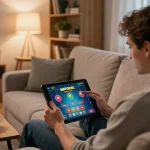 Engaging gameplay at MrPokies online casino on a tablet in a cozy home setting.