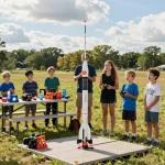 Children and adults preparing to launch model rocket motors in an outdoor setting