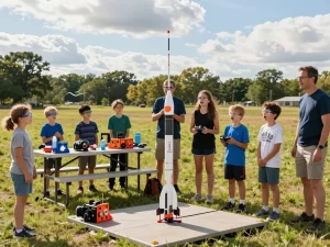 Children and adults preparing to launch model rocket motors in an outdoor setting