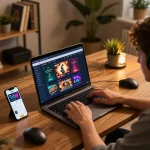 Engaging home gaming scene with Hbet interface visible on laptop, creating a cozy atmosphere.