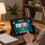 Engaged player at Ong777 casino reviews strategies while using a tablet for online poker gameplay.