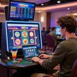 Exciting gaming moment at 789win com, player engaging with online slots and poker chips in a vibrant casino environment.