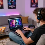 Player enjoying an immersive porn game on a laptop in a cozy gaming setup.