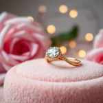 Showcase of stunning Valentine’s Day diamond rings UK on a velvet display with roses.