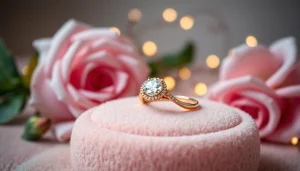 Showcase of stunning Valentine’s Day diamond rings UK on a velvet display with roses.