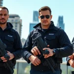 Bodyguards for hire providing protection in an urban setting with tactical gear.