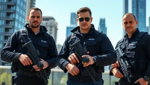 Bodyguards for hire providing protection in an urban setting with tactical gear.