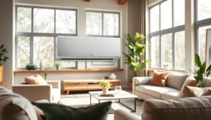 Install a mini split ac system in a bright, modern living room, enhancing comfort and style.