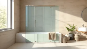 A stylish semi-frameless shower screen featured in a modern bathroom with natural lighting.