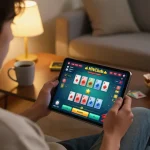 Engaged player enjoying HitClub game on tablet in cozy living room setting with snacks and warm lighting.