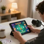 Player enjoying game bài đổi thưởng on tablet while tracking betting strategies in cozy home setting.