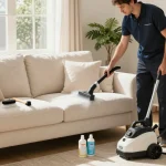 Homeowner advice blog featuring professional upholstery cleaning in a cozy living room.