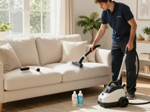 Homeowner advice blog featuring professional upholstery cleaning in a cozy living room.