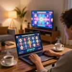 Nohu spinning reels action in cozy home gaming setup during relaxing evening.