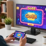 Engaging with the Go88 casino app on a mobile device in a cozy home setting, capturing the excitement of online gambling