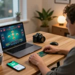 Engage in live dealer gaming on go89 with a laptop setup showcasing strategic gameplay.