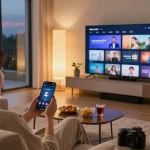 Engaging home scene featuring Sky Glass IPTV Updated APP 2026 streaming on a smart TV in a cozy living room.