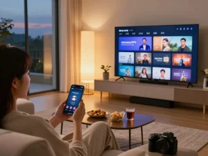 Engaging home scene featuring Sky Glass IPTV Updated APP 2026 streaming on a smart TV in a cozy living room.