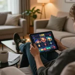 Engaged player using the LV88 casino app on a tablet, discovering exciting gaming options.