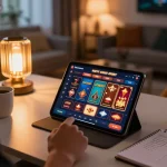 Engaging with kkwin casino app on tablet in a cozy home setup.