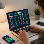 Engaged player analyzing Keo nha cai odds during online sports betting in a cozy setup.
