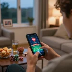 Engaging in online poker betting through the 8day app in a cozy home setting.