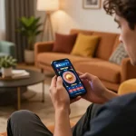 Enjoying exciting gameplay on 8XBET DANG NHAP app in cozy home setting, showcasing engaging casino features.