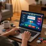 Bong88 player engaged in an online poker game at home, showcasing betting options and chips
