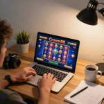 Crown88 slot experience captured with vibrant graphics on a laptop showcasing online gaming strategy