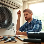AC Repair Tampa technician working on a residential air conditioning system with tools in focus.