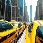 Cabs in motion with passengers boarding in a vibrant urban setting.