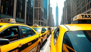 Cabs in motion with passengers boarding in a vibrant urban setting.