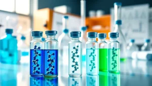Showcasing Peptides UK in a laboratory setting with elegant glass vials.
