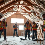 Workers engaged in spray foam removal near me, showcasing safety and precision in a residential attic.