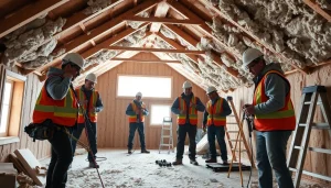 Workers engaged in spray foam removal near me, showcasing safety and precision in a residential attic.