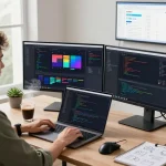 Developer programming Clawdbot tasks in a modern workspace with dual monitors and vibrant coding visuals.