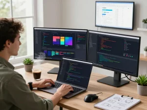 Developer programming Clawdbot tasks in a modern workspace with dual monitors and vibrant coding visuals.