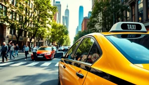 Taxis cruising through vibrant city streets, showcasing urban energy and professionalism.