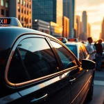 Cabs waiting in a lively city street at sunset, showcasing dynamic urban life.