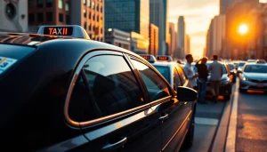Cabs waiting in a lively city street at sunset, showcasing dynamic urban life.