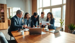 Explore Federal and State contracts and grants while professionals collaborate in a modern office.