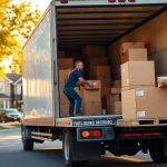 Movers loading boxes into a truck from moving companies calgary in a sunny residential area.